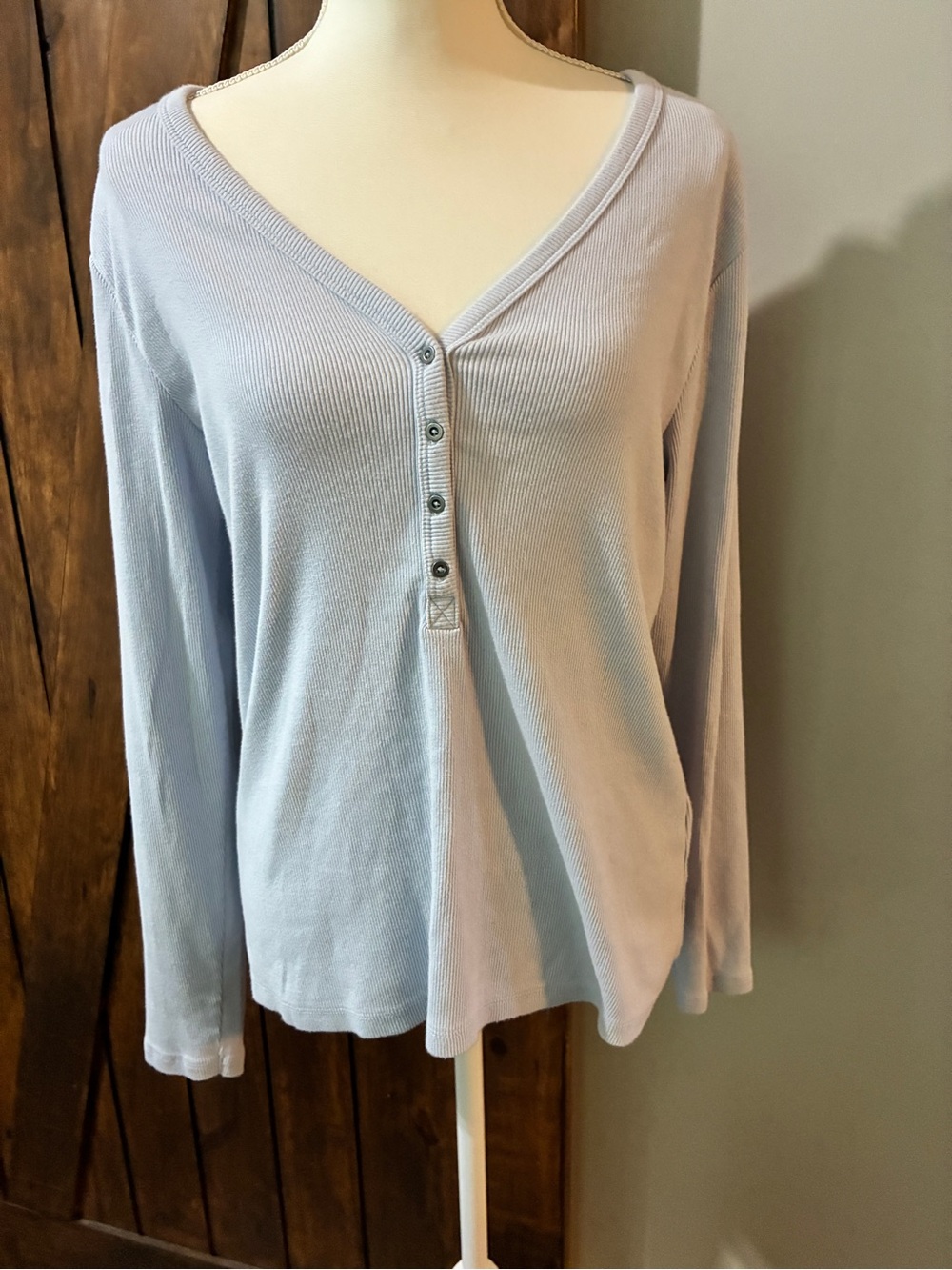 Abercrombie & Fitch Women's Ribbed Henley Blue Long Sleeve XL Cotton Stretch EUC